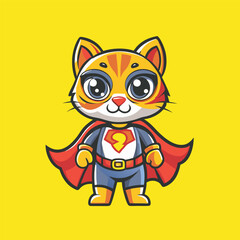 Adorable Cartoon Cat Character with Superhero Cape and Vector Logo Design