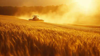 Fototapeta premium Tractor Harvesting Wheat at Sunset, Dust Rising in a Golden Field