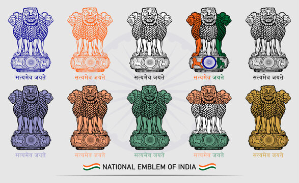 Ashok pillar vector sign symbol set in different style. Satyamev jayate, Ashok stambh symbol. National emblem of india, Government of India. Isolated vector illustration. Flat design.