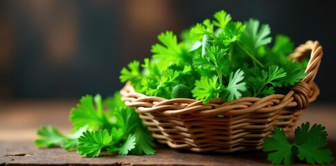 Fototapeta premium Abundant dill and parsley overflowing from a woven basket , macro, food photography