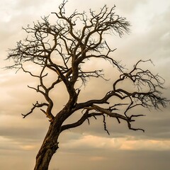 Obraz premium Silhouette of a Leafless Tree against a Cloudy Sky, Emphasizing Nature's Beauty and the Stark Contrast of Branches and Sky.