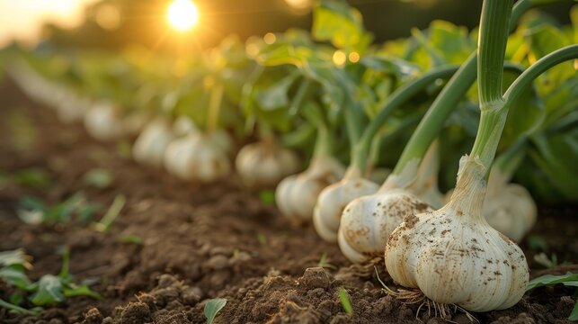 Row of organic garlic bulbs growing in the soil at sunset. Agriculture and farming concept.
