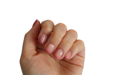 woman hand with freshly done pink nails isolated on white background as transparent PNG. GENERATIVE AI