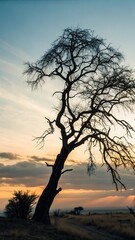 Silhouette of a tree against a serene sunset sky, showcasing nature's beauty in a tranquil and atmospheric vista.