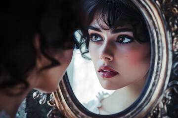 A stylishly dressed woman gazing into a vintage ornate mirror with her reflection.