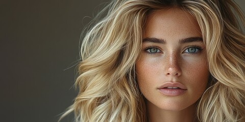 Naklejka premium Captivating portrait of a woman with blonde wavy hair and striking green eyes in soft natural light