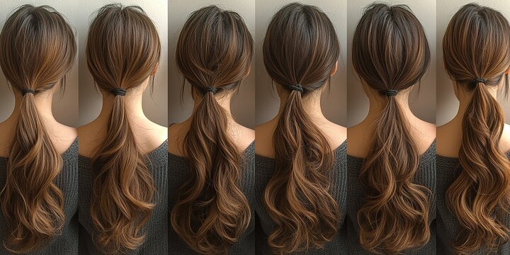 Hair styling techniques displayed in a series of elegant ponytails and waves in soft, natural light
