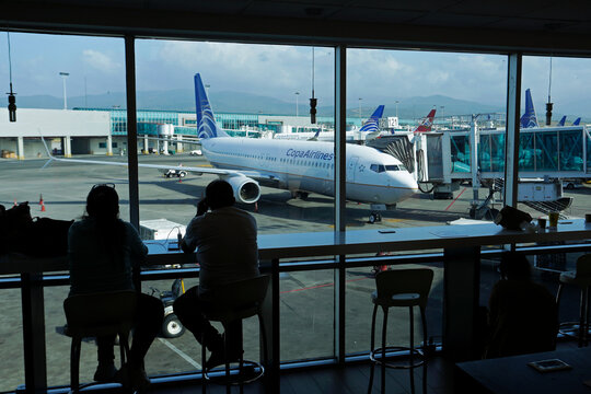 Panama City, Panama - February 2, 2021: Aircraft from Copa Airlines is seen parked in the tarmac of Panama City international airport.