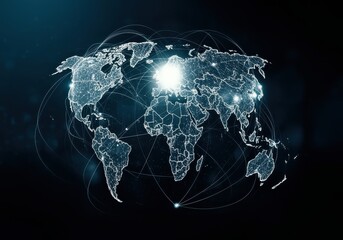 A futuristic world map with glowing lines representing global connections.