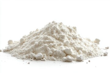 A pile of white powder, likely flour or sugar, scattered loosely against a pristine white background.