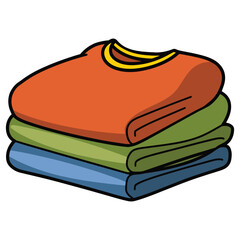 Stack of neat clothes vector illustration. Pile of folded shirts, t shirts, jeans, trousers, pants, and bath towels. Flat cartoon style, isolated on a white background.
