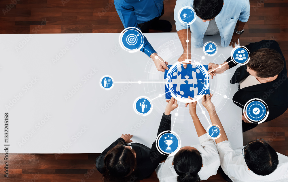 Poster a diverse team collaborates over a table, focused on a puzzle piece globe with digital icons. this i
