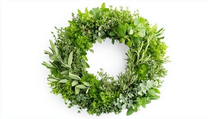 beautiful wreath made out of bunch of fresh herbs isolated on white background
