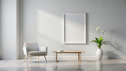 Fototapeta premium Minimalist Modern Living Room Interior: Empty Frame, Bloom, and Central Table