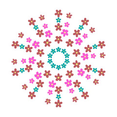 A floral design with pink, brown, and blue flowers. The flowers are arranged in a circle and scattered throughout the design. The scene is cheerful and colorful.
