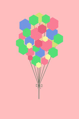 Illustration of a bouquet of colorful, geometric-shaped balloons. Multicolored. Pink background