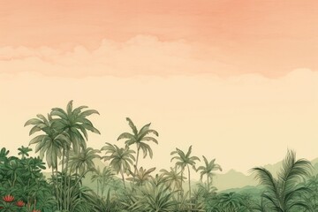 Palm tree jungle in morning landscape green background.