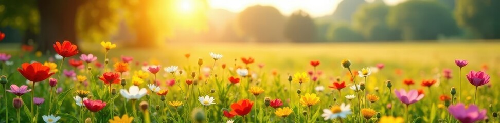 Obraz premium Sunlit field of wildflowers, art palette and brushes in foreground , flowers, colorful, creative