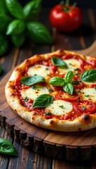 Classic Margherita pizza on rustic wooden board, texture, ingredients, vegetarian