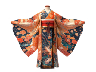 Ornate kimono with floral and bird designs displayed on a mannequin against isolated on a transparent background