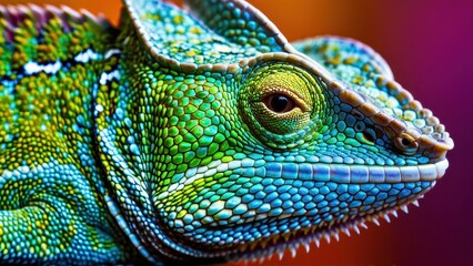 Obraz premium Vibrant chameleon close-up showcasing its stunning colors and textures in nature.