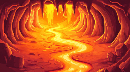 Lava cave game background. Fantasy hell landscape. Fire magma and rock inside dungeon hole drawing cartoon illustration. Devil tunnel and molten land river flow. Scary underground inferno world