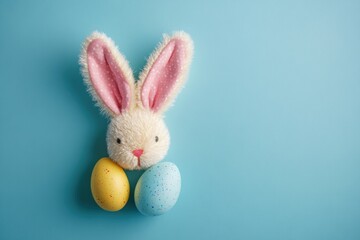 Obraz premium Happy Easter. Stuffed bunny head with pink ears and colorful decorated eggs on a plain light blue backdrop with copy space