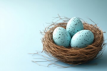 Obraz premium Happy Easter. Three light blue speckled eggs rest in a nest made of twigs. Set against a soft blue background with space for text.
