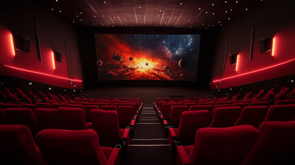 Fototapeta premium Movie theater, cinema hall with wide screen and rows of red seats rear view. Empty interior with space galaxy and planets scene on screen, chair backs and illumination, Cartoon vector illustration