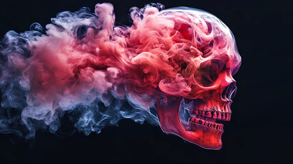 A skull with red and pink smoke coming out of it with black background