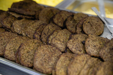 Liver cutlets on a tray. Catering.