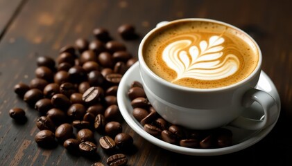 Rich latte art, dark roasted beans beside a white cup , foam, still life, drink