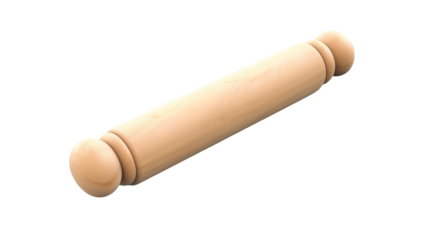 A light brown wooden rolling pin with rounded handles isolated on a black background at an angleisolated on transparent background	