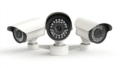 Realistic set of 3D CCTV cameras isolated on white background. Vector illustration of video cam. Modern equipment for home, office, enterprise, business security protection, crime prevention, spy tool