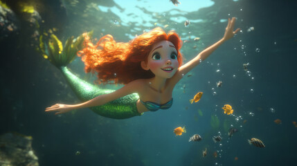 Cute Mermaid With Little Fish