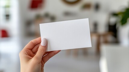 Close-up hand with neat manicure holds blank white cardboard mock up business card on office background. Business and logo template