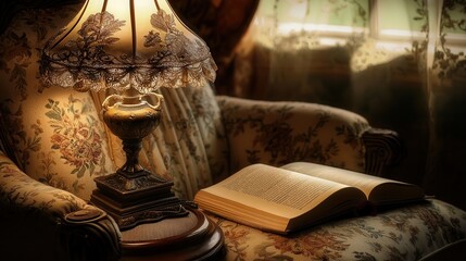 A Book and Lamp Resting on an Armchair in Soft Light