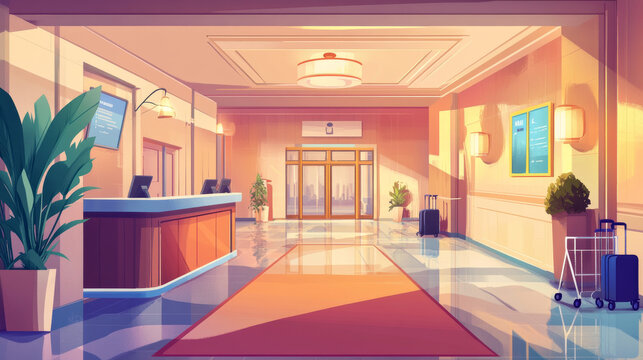Hotel reception and lobby interior isolated cartoon vector set. Professional office welcome area, luggage on trolley and concierge table furniture design. Corridor or hallway indoor in hostel building