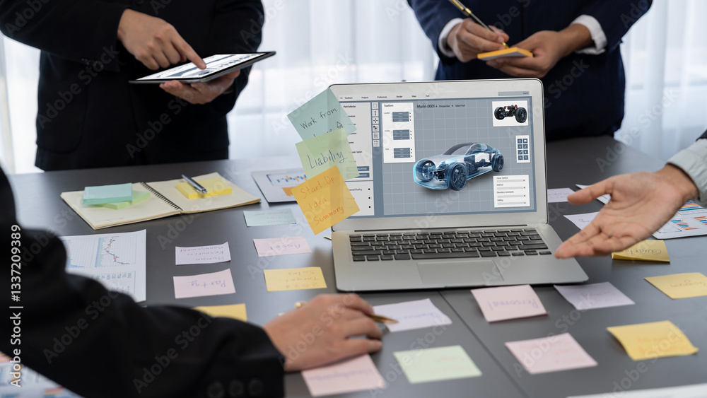 Poster electric car design software on computer screen showing simulation blueprint brisk by digital calcul