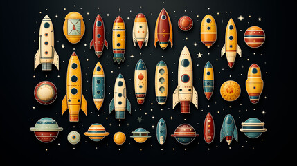 
Set of multicolored toy, cartoon space rockets with portholes and planets against a background of black space with stars, collection, color image, 3D, no people, space flights, exploration, game, ai