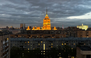 View of the Soviet buildings of Moscow against the backdrop of the tower of the Hotel "Ukraine"