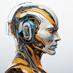 Android head, portrait of a robot with a human face, side view, orange, color image, sketch, blue, android, icon, artificial intelligence, science, technology, man, ai