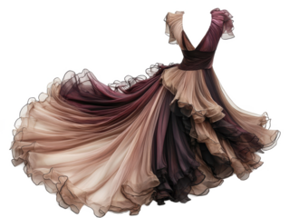 An elegant ombre gown with ruffles and a flowing skirt isolated on a transparent background