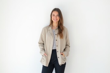 Half-Length (Waist-Up) portrait of young stylish smiling Georgian female model in hipster wear isolated on pure white background looking at camera