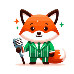 Fototapeta premium Vector cartoon fox in green striped suit with microphone. Perfect for entertainment shows, music performances, or podcast branding.