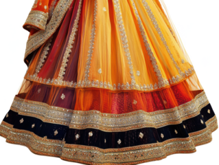 Close up of a vibrant orange and red indian lehenga skirt with intricate gold embroidery design work isolated on a transparent background