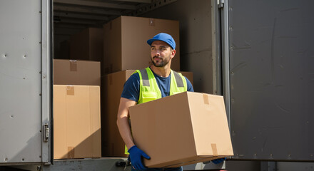 Delivery worker carrying box from truck