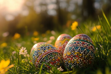 colorful easter eggs in grass, postcard