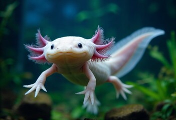 Swimming i nthe aquarium smiling axolotl