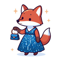 Obraz premium Glamorous fox lady in sparkling blue dress with handbag. Perfect for fashion event promotion or evening wear advertising.